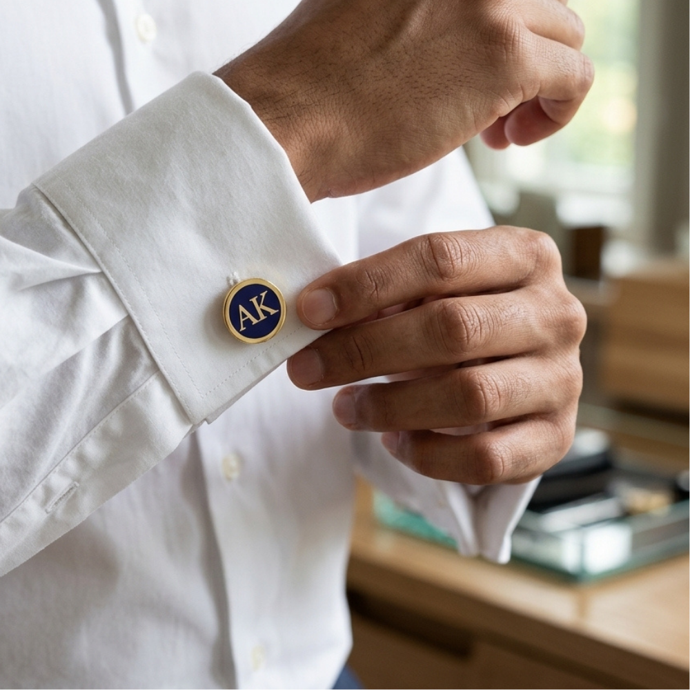 Bazinco Monogram Cufflinks for Men – Round Blue Enamel Initial Cufflinks for Shirt & Suit Accessories