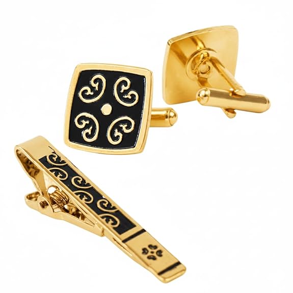 Bazinco Royal Baroque Rose Gold Cufflink & Tie Clip Set for Men