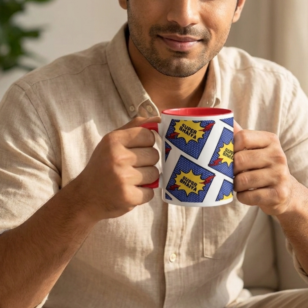 Bazinco Super Bhaiya Coffee Mug - Comic Pop Art Superhero Theme White Ceramic Cup - Rakhi Birthday Gift for Brother or Bhai