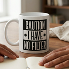 Bazinco Caution I Have No Filter Mug – Funny Office Coffee Mug | Premium Ceramic Tea Cup | Dishwasher Safe | 325ml