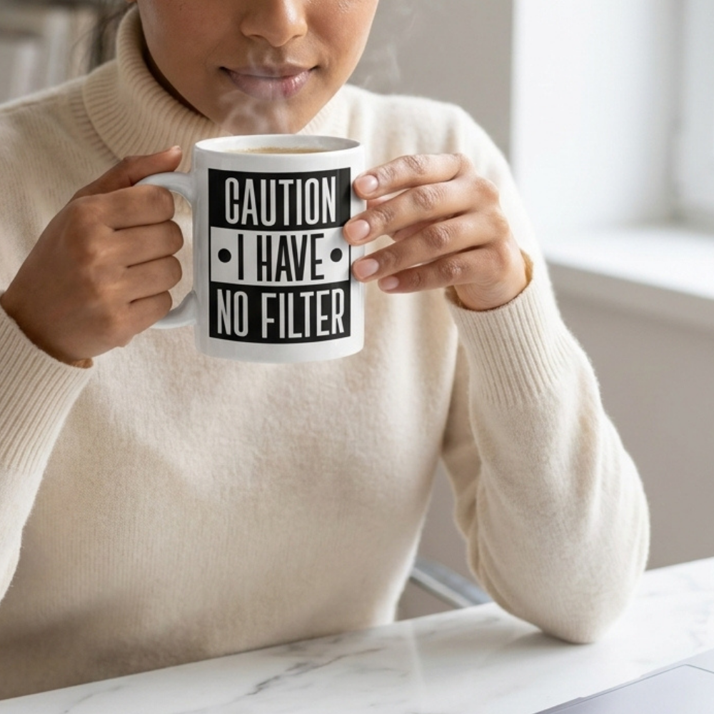 Bazinco Caution I Have No Filter Mug – Funny Office Coffee Mug | Premium Ceramic Tea Cup | Dishwasher Safe | 325ml