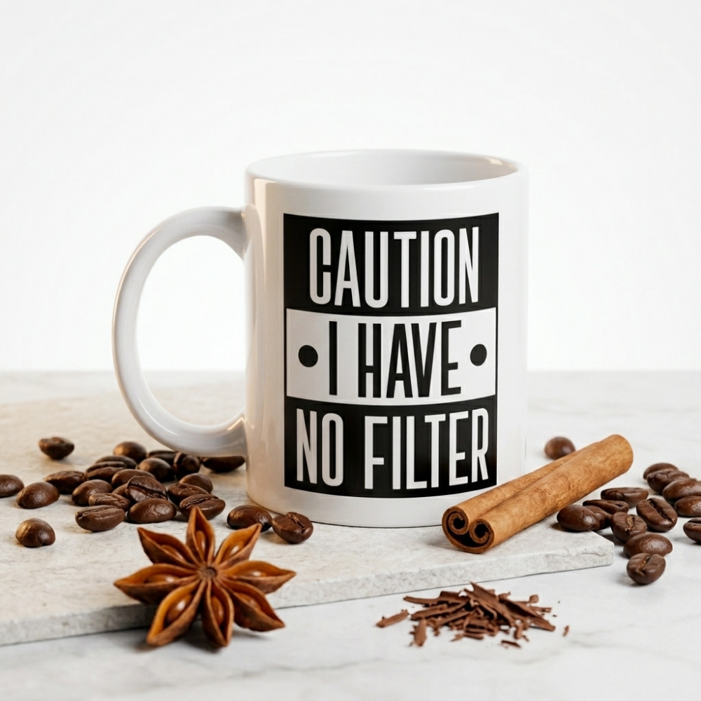 Bazinco Caution I Have No Filter Mug – Funny Office Coffee Mug | Premium Ceramic Tea Cup | Dishwasher Safe | 325ml