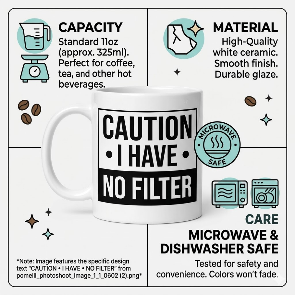 Bazinco Caution I Have No Filter Mug – Funny Office Coffee Mug | Premium Ceramic Tea Cup | Dishwasher Safe | 325ml