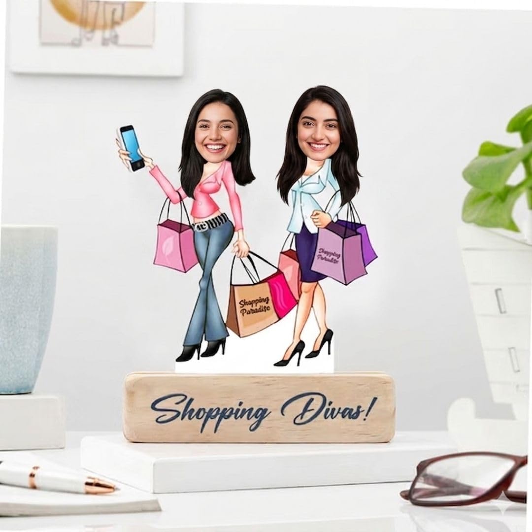Bazinco Shopping Divas Personalized Caricature | Custom Acrylic Plaque with Wooden Base | Stylish Best Friend Gift for Girls, Sisters & Shopping Lovers