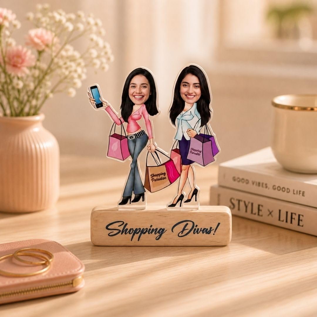 Bazinco Shopping Divas Personalized Caricature | Custom Acrylic Plaque with Wooden Base | Stylish Best Friend Gift for Girls, Sisters & Shopping Lovers