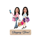 Bazinco Shopping Divas Personalized Caricature | Custom Acrylic Plaque with Wooden Base | Stylish Best Friend Gift for Girls, Sisters & Shopping Lovers
