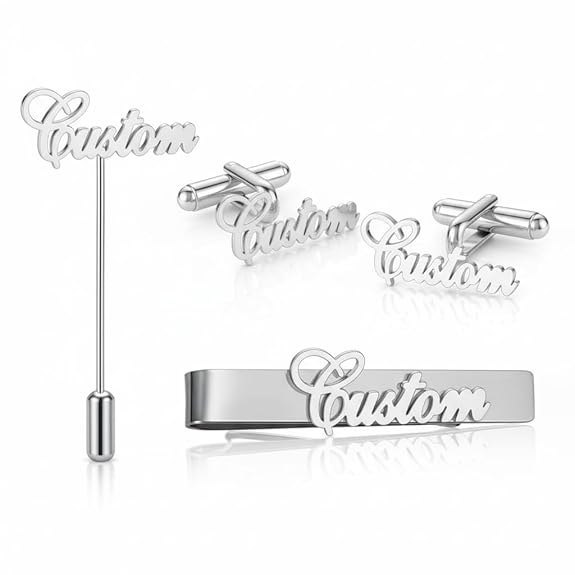 Bazinco Personalized Signature Cufflinks & Tie Clip Set – Custom Name Formal Accessories