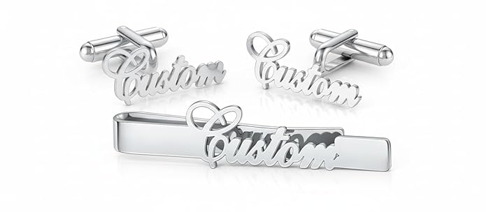 Bazinco Personalized Signature Cufflinks & Tie Clip Set – Custom Name Formal Accessories