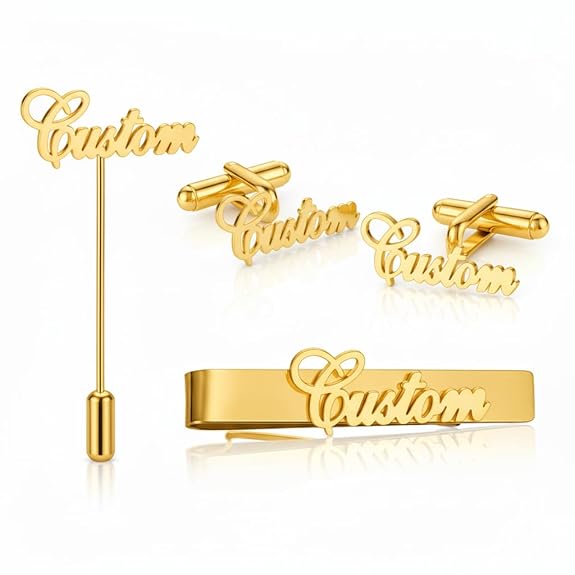 Bazinco Personalized Signature Name Cufflinks Combo Set | Custom Gold Tie Clip, Brooch & Formal Accessories for Men