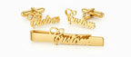 Bazinco Personalized Signature Name Cufflinks Combo Set | Custom Gold Tie Clip, Brooch & Formal Accessories for Men