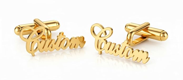 Bazinco Personalized Signature Name Cufflinks Combo Set | Custom Gold Tie Clip, Brooch & Formal Accessories for Men
