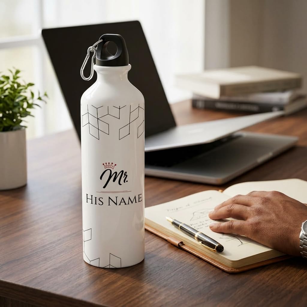 Bazinco Personalized Water Bottle for Men | Custom Name Sipper Bottle with Mr Crown Design | Stylish Reusable Water Bottle Gift