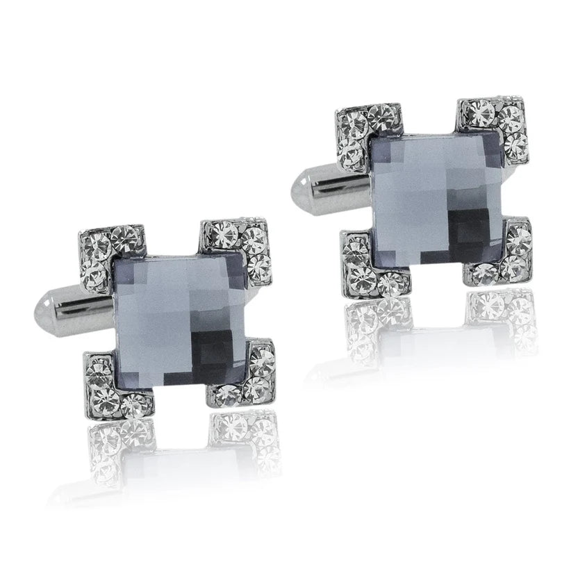 Bazinco Square Grey Crystal Cufflinks for Men – Luxury Silver Tone Crystal Stone Formal Shirt Cuff Links for Wedding, Business & Party Wear