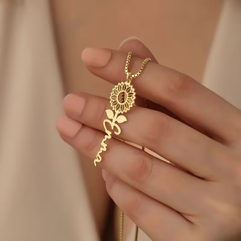 Bazinco Personalized Sunflower Name Necklace – Custom Flower Name Pendant Gift