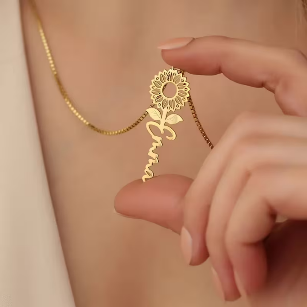 Bazinco Personalized Sunflower Name Necklace – Custom Flower Name Pendant Gift