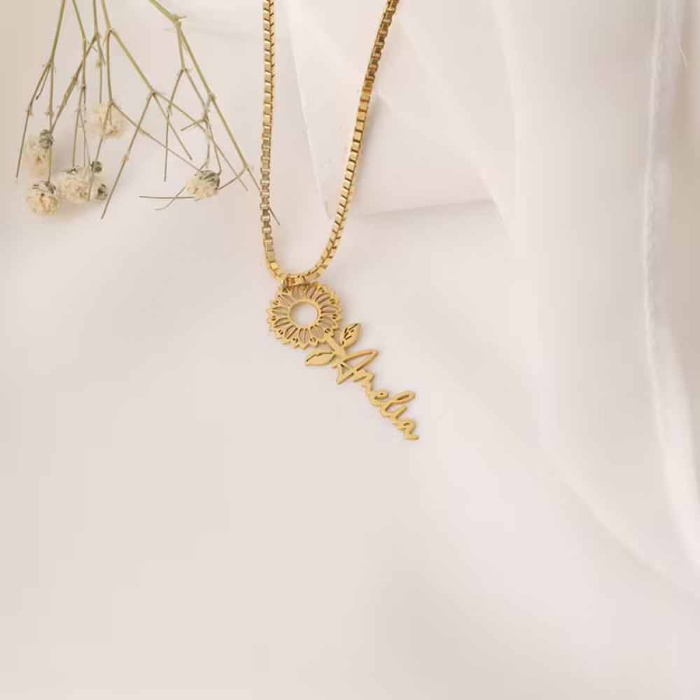 Bazinco Personalized Sunflower Name Necklace – Custom Flower Name Pendant Gift
