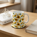 Bazinco Cute Vibrant Sunflower Pattern Coffee Mug with Round MDF Coaster Gift Set