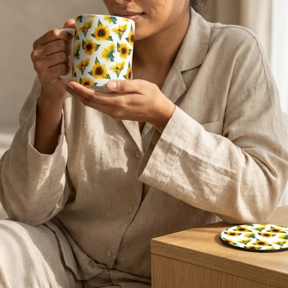 Bazinco Cute Vibrant Sunflower Pattern Coffee Mug with Round MDF Coaster Gift Set