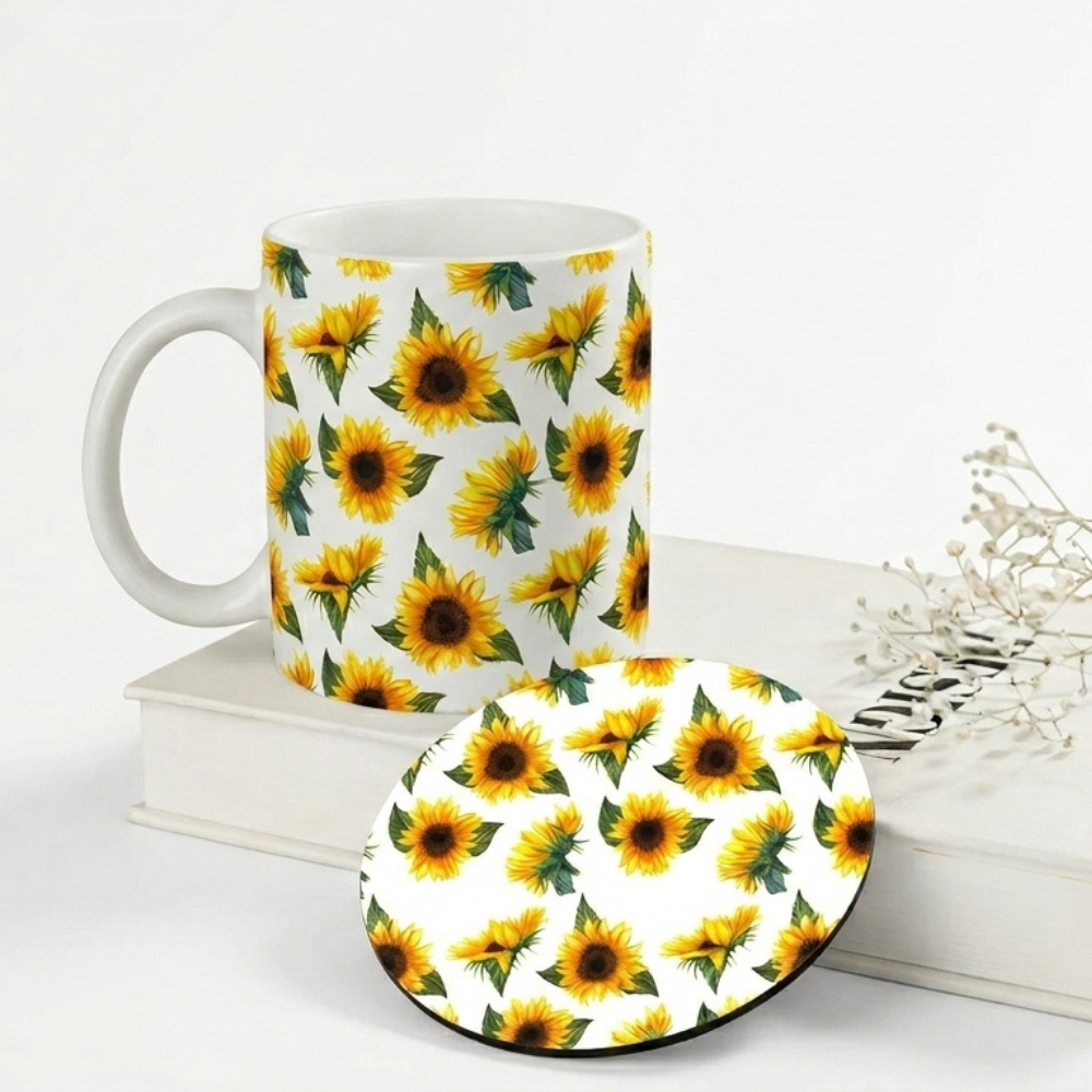 Bazinco Cute Vibrant Sunflower Pattern Coffee Mug with Round MDF Coaster Gift Set