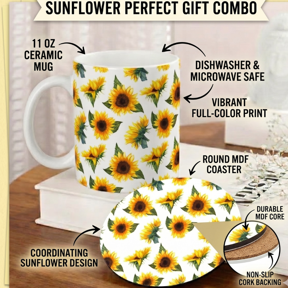 Bazinco Cute Vibrant Sunflower Pattern Coffee Mug with Round MDF Coaster Gift Set