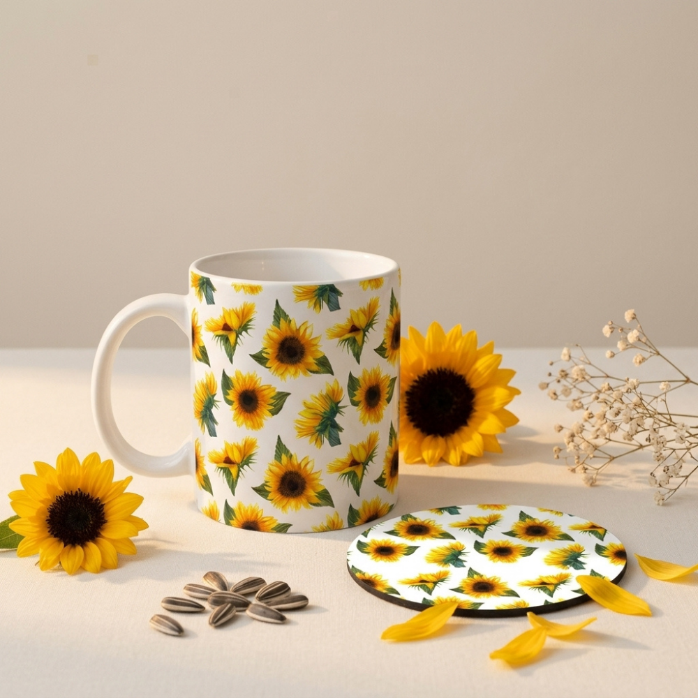 Bazinco Cute Vibrant Sunflower Pattern Coffee Mug with Round MDF Coaster Gift Set