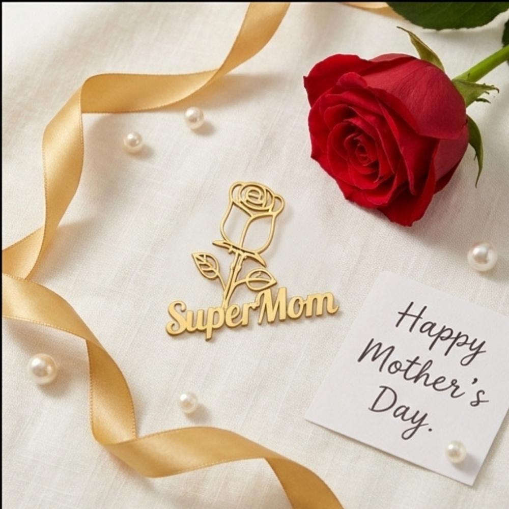 Bazinco Super Mom Brooch with Rose Design – Premium Mother Love Pin for Saree & Blazer
