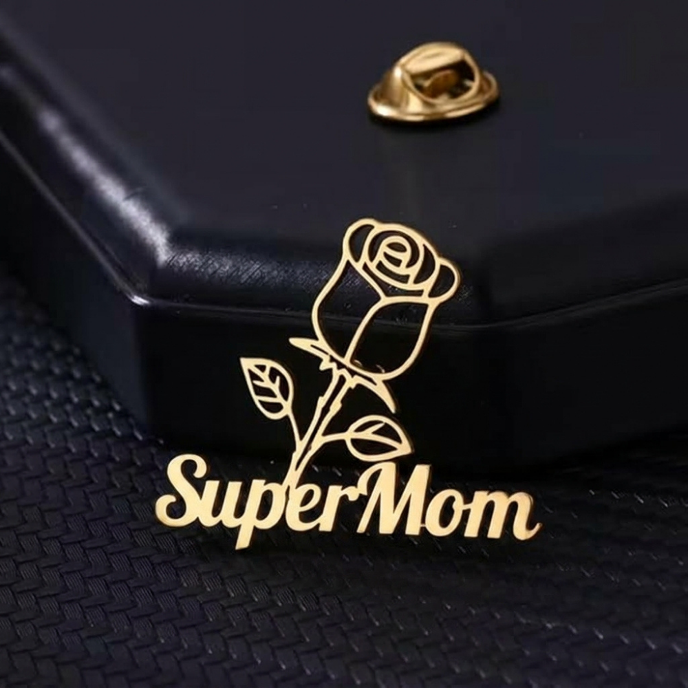 Bazinco Super Mom Brooch with Rose Design – Premium Mother Love Pin for Saree & Blazer