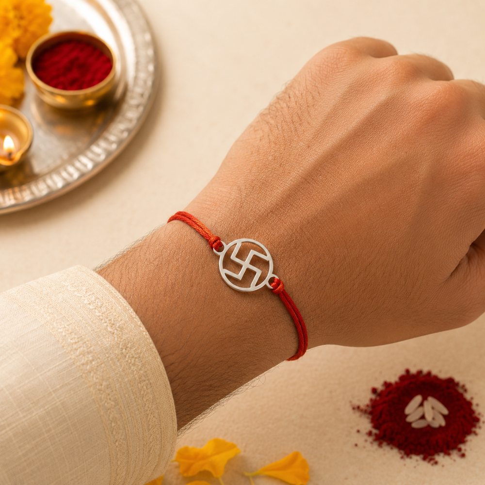 Bazinco Auspicious Swastik Rakhi Bracelet for Brother | Sacred Swastik Symbol Rakhi with Red Thread | Traditional Handmade Raksha Bandhan Rakhi Gift