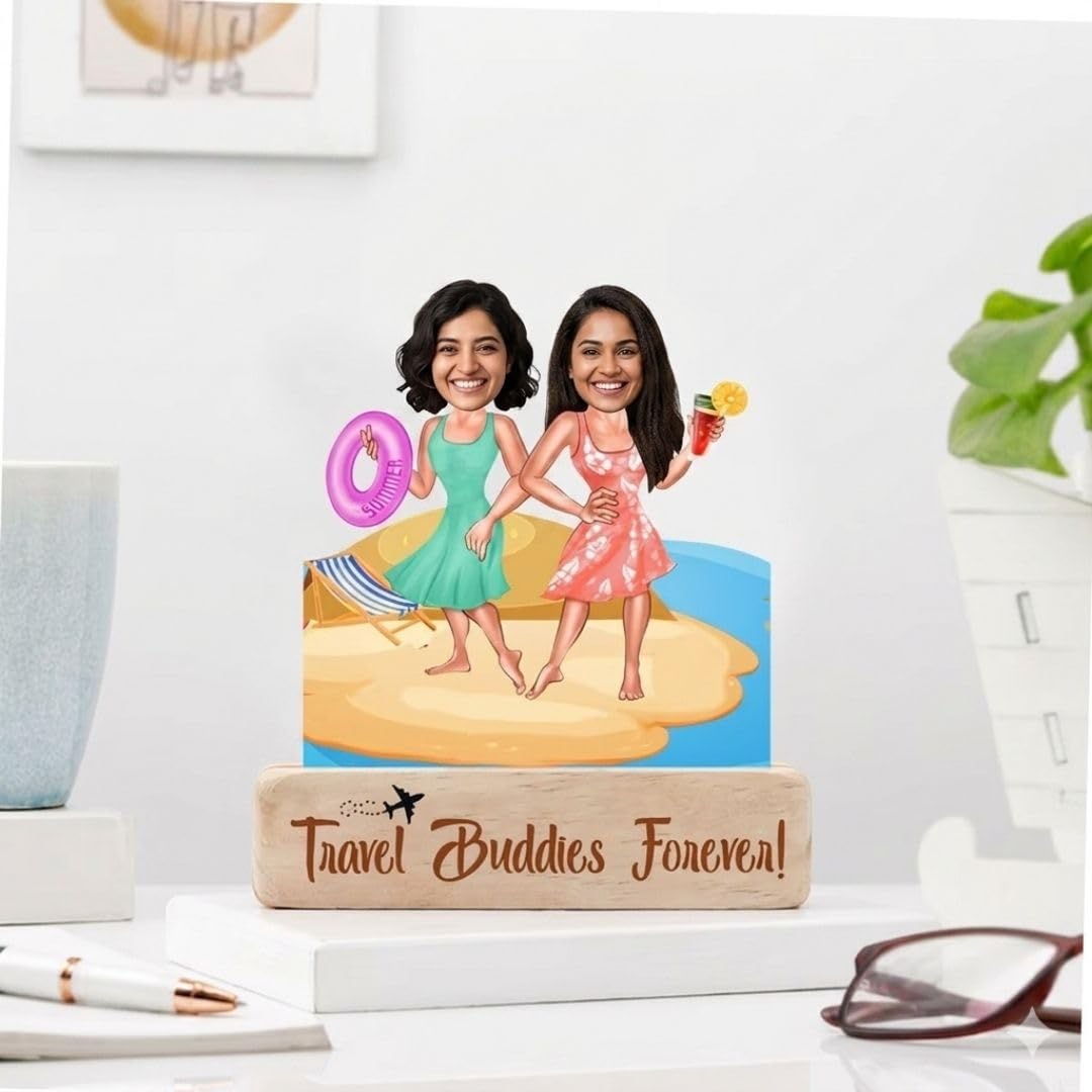 Bazinco Personalized Travel Buddies Caricature Gift | Custom Women's Day Acrylic Photo Stand | Unique Friendship Gift for Girls & Wanderlust Friends