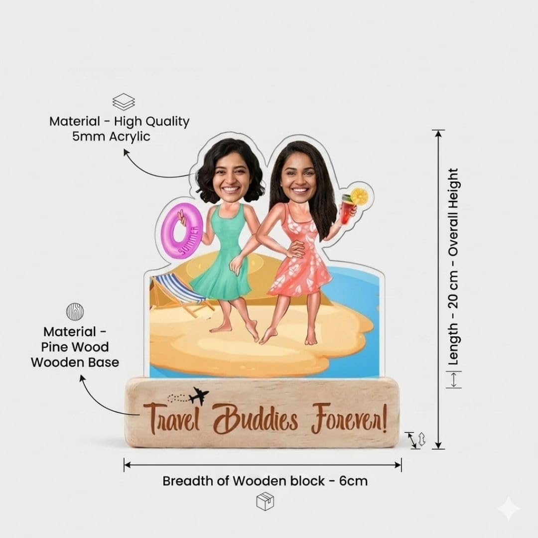 Bazinco Personalized Travel Buddies Caricature Gift | Custom Women's Day Acrylic Photo Stand | Unique Friendship Gift for Girls & Wanderlust Friends