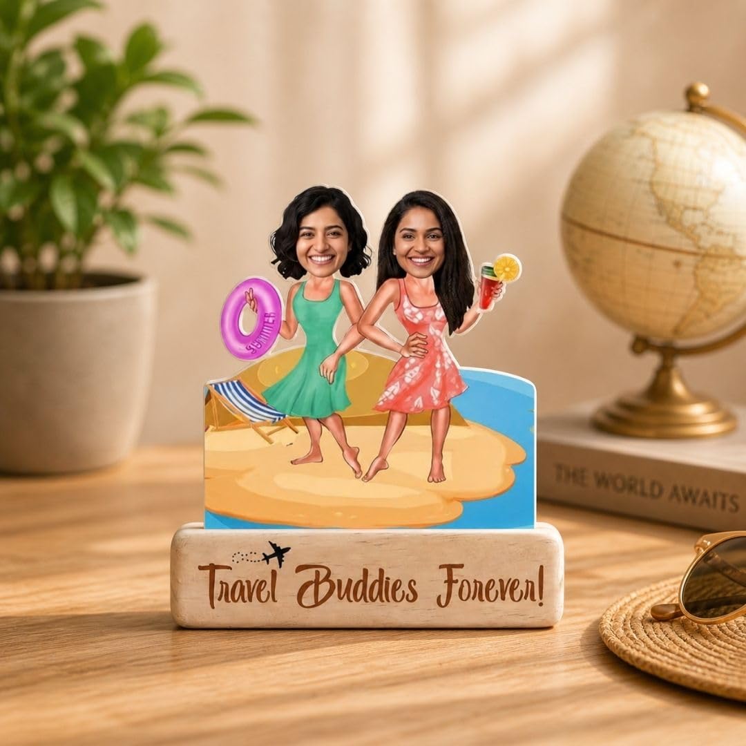 Bazinco Personalized Travel Buddies Caricature Gift | Custom Women's Day Acrylic Photo Stand | Unique Friendship Gift for Girls & Wanderlust Friends
