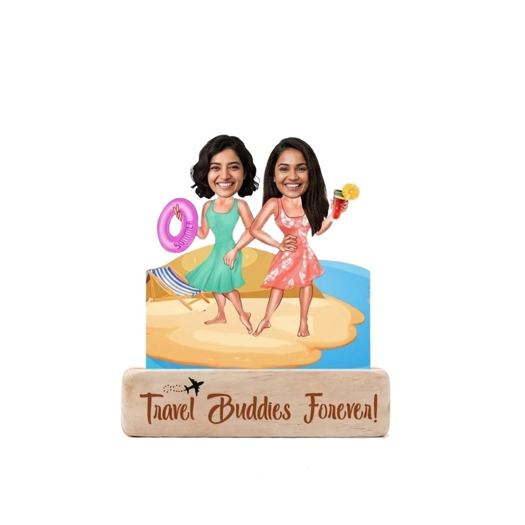 Bazinco Personalized Travel Buddies Caricature Gift | Custom Women's Day Acrylic Photo Stand | Unique Friendship Gift for Girls & Wanderlust Friends