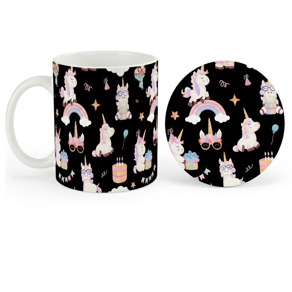 Bazinco Cute Coordinated Unicorn Design Coffee Mug with Round MDF Coaster Gift Set