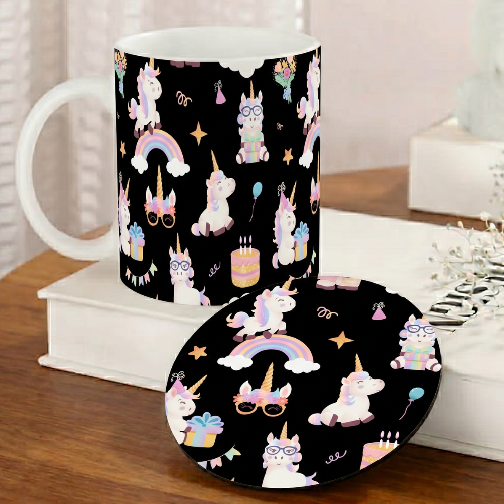 Bazinco Cute Coordinated Unicorn Design Coffee Mug with Round MDF Coaster Gift Set