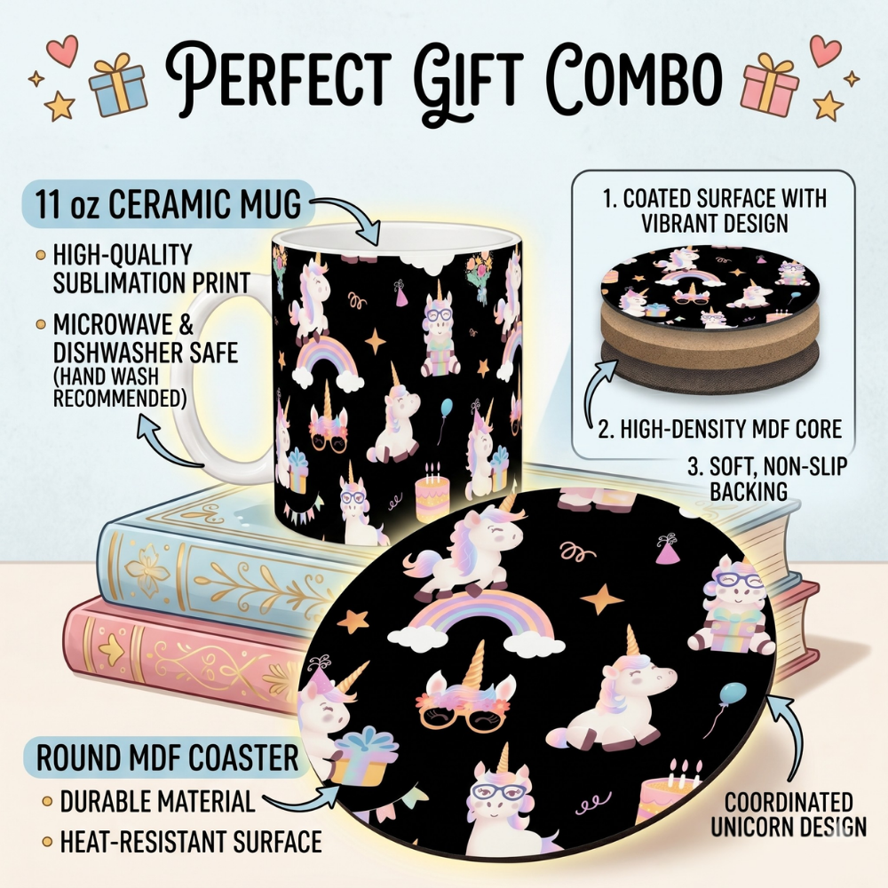 Bazinco Cute Coordinated Unicorn Design Coffee Mug with Round MDF Coaster Gift Set