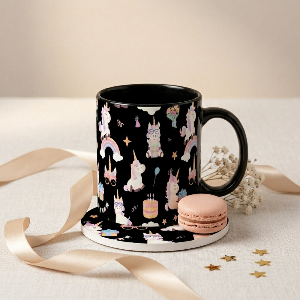 Bazinco Cute Coordinated Unicorn Design Coffee Mug with Round MDF Coaster Gift Set
