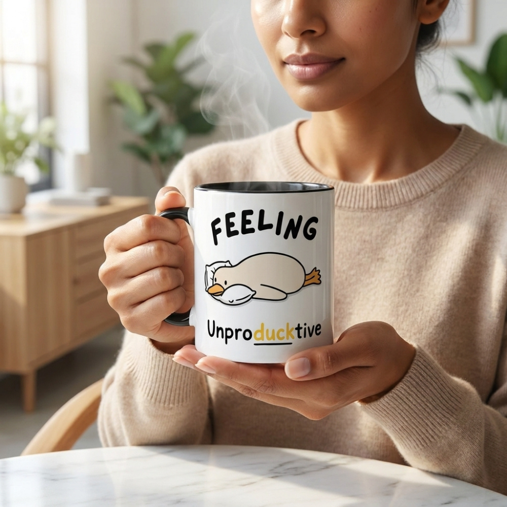 Bazinco Funny Duck Pun Coffee Mug | Feeling Unproducktive Ceramic Mug | Cute Cartoon Duck Tea Cup | Novelty Gift for Office & Home | 325 ml