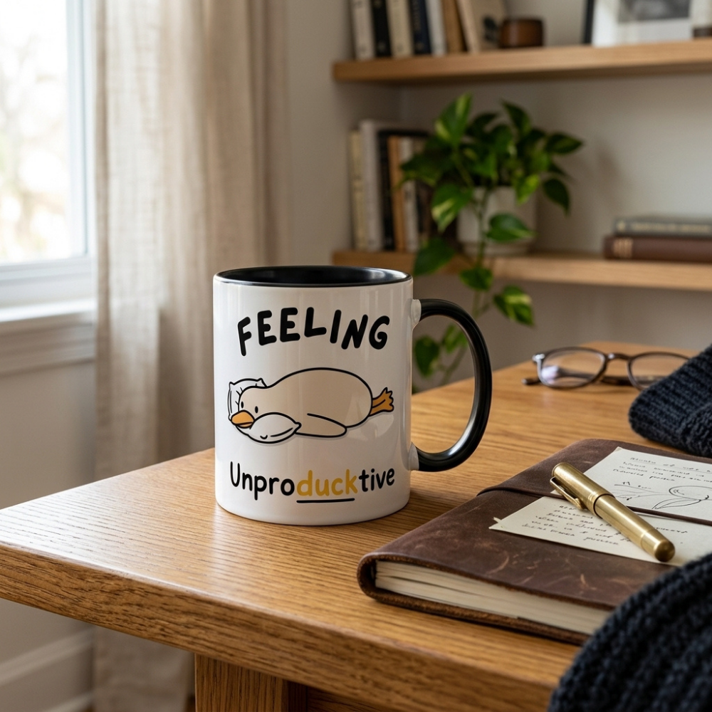 Bazinco Funny Duck Pun Coffee Mug | Feeling Unproducktive Ceramic Mug | Cute Cartoon Duck Tea Cup | Novelty Gift for Office & Home | 325 ml