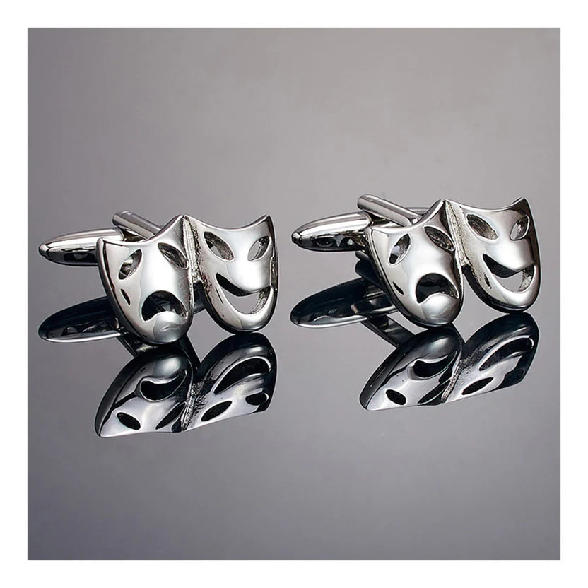 Bazinco Venetian Mask Drama Silver Cufflinks for Men | Theatre Comedy Tragedy Designer Shirt Cufflinks | Premium Formal Accessories