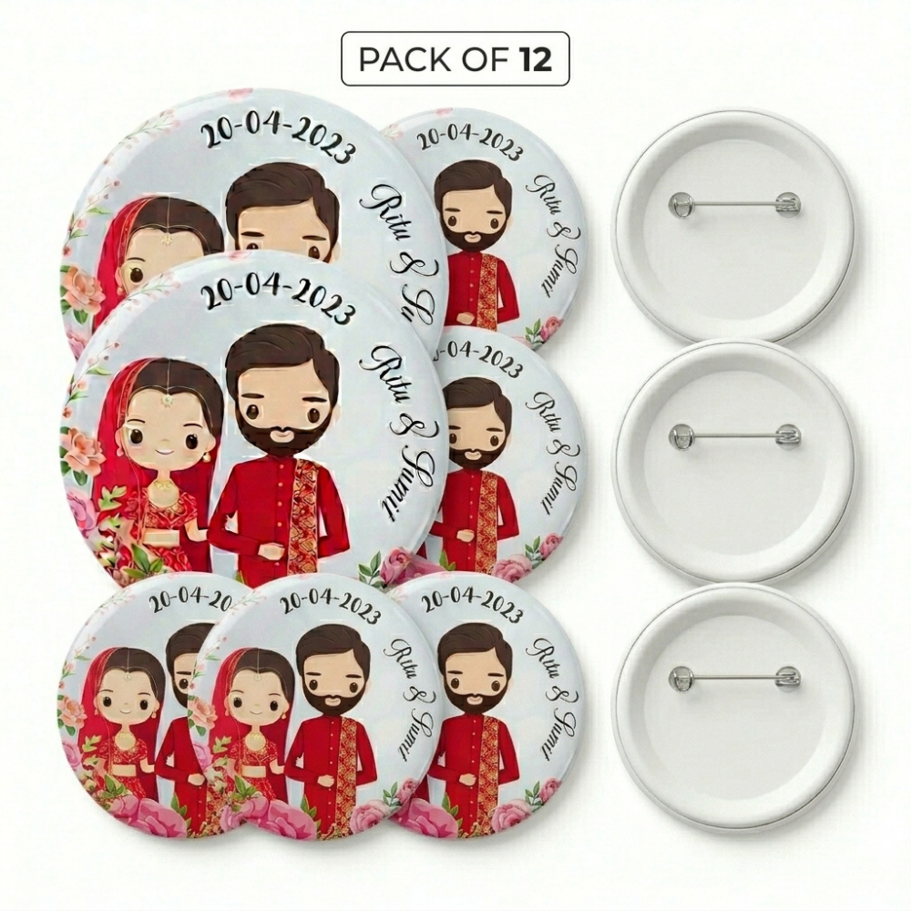 Bazinco Personalized Wedding Couple Badge Pack of 12 – Custom Bride Groom Button Pins for Wedding Return Gifts