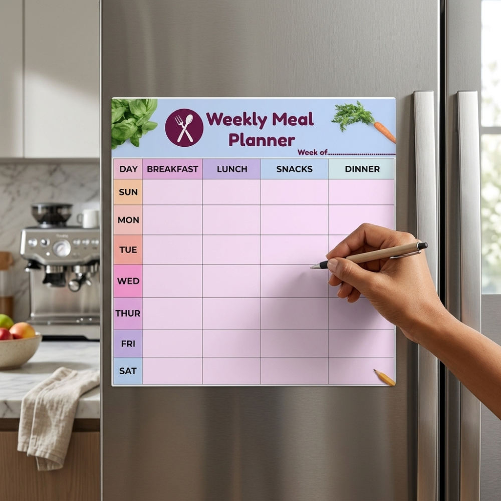 Bazinco Weekly Meal Planner Fridge Magnet | 11x11 Inch Reusable Magnetic Meal Planning Board | Dry Erase Weekly Menu Planner for Kitchen, Grocery Planning & Healthy Eating