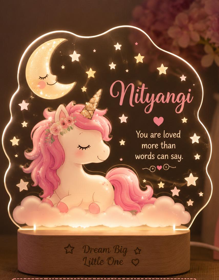 Personalized Unicorn LED Acrylic Night Lamp with Name | Custom Unicorn Lamp for Kids Bedroom | Baby Girl Birthday Gift | Bazinco