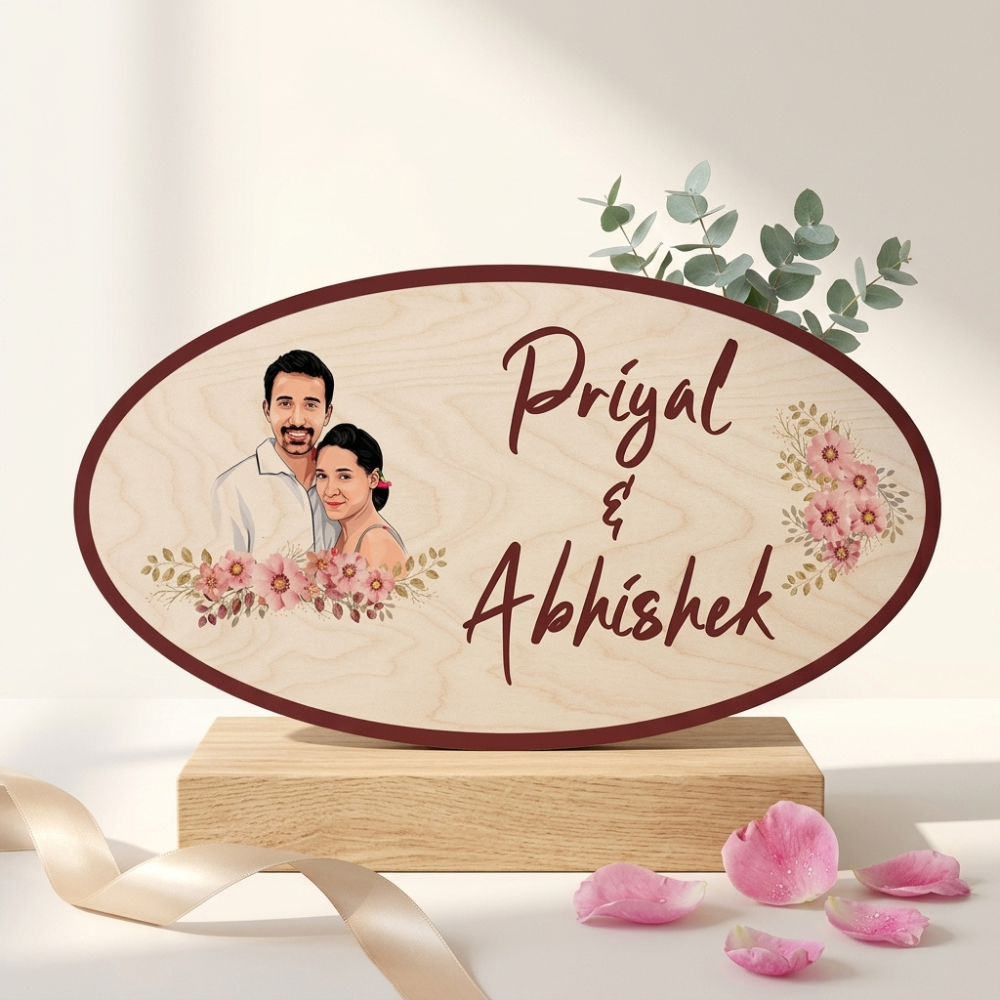 Bazinco Personalized Floral Couple Portrait Wooden Name Plate | Custom Oval Door Name Plate with Photo & Names | Premium UV Printed Home Entrance Sign