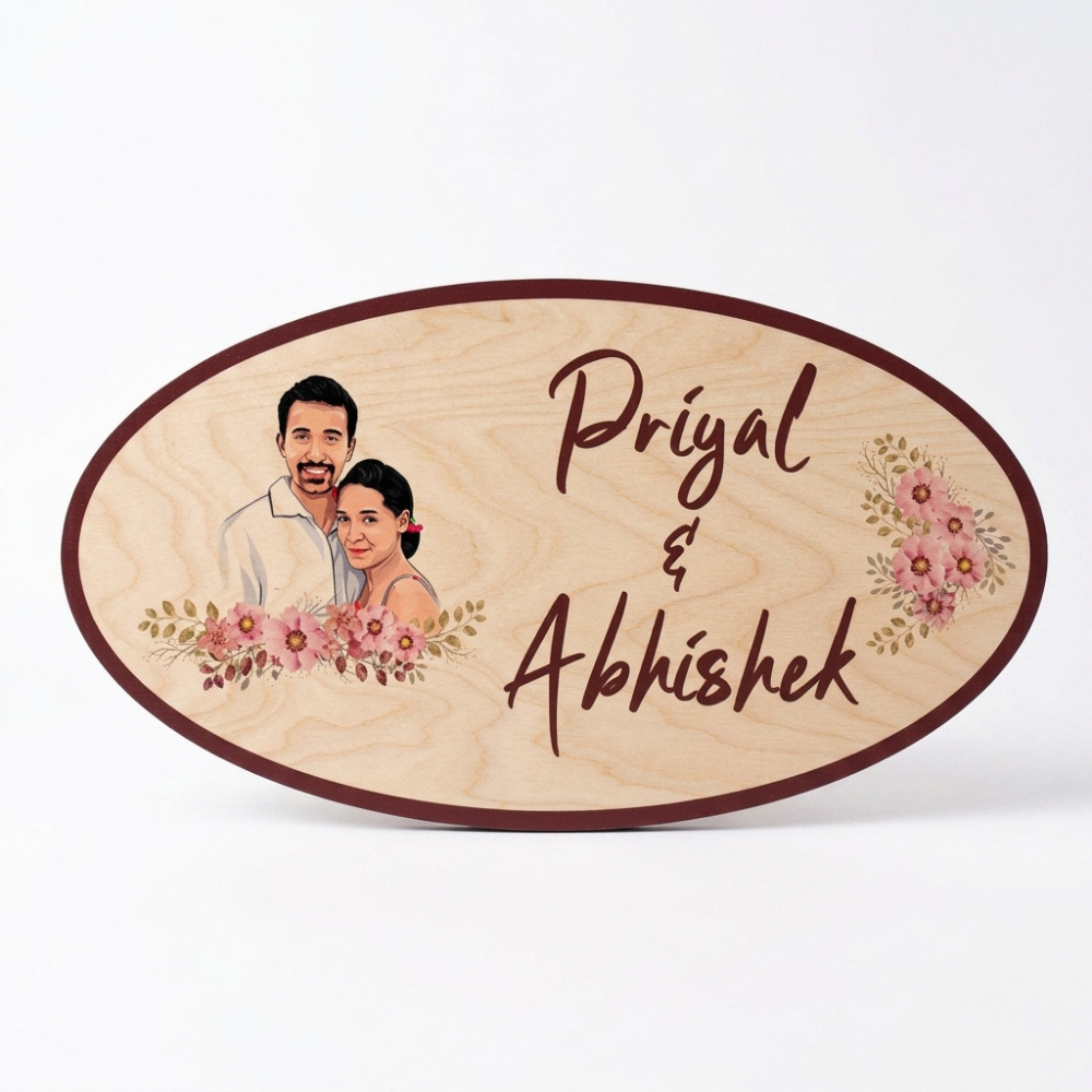 Bazinco Personalized Floral Couple Portrait Wooden Name Plate | Custom Oval Door Name Plate with Photo & Names | Premium UV Printed Home Entrance Sign