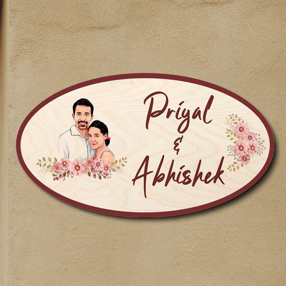 Bazinco Personalized Floral Couple Portrait Wooden Name Plate | Custom Oval Door Name Plate with Photo & Names | Premium UV Printed Home Entrance Sign