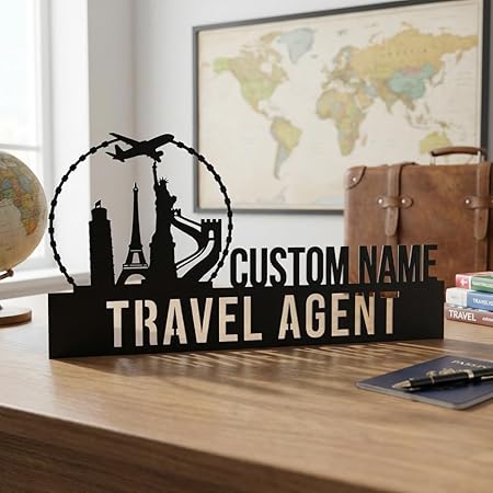 Bazinco Custom Travel Agent Desk Name Plate – Personalized World Travel Skyline Nameplate