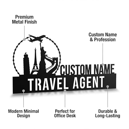 Bazinco Custom Travel Agent Desk Name Plate – Personalized World Travel Skyline Nameplate