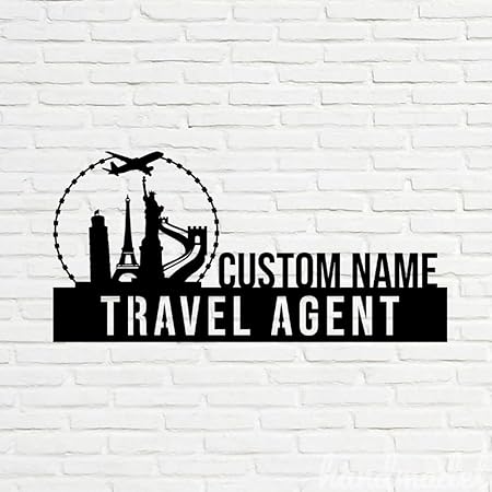 Bazinco Custom Travel Agent Desk Name Plate – Personalized World Travel Skyline Nameplate