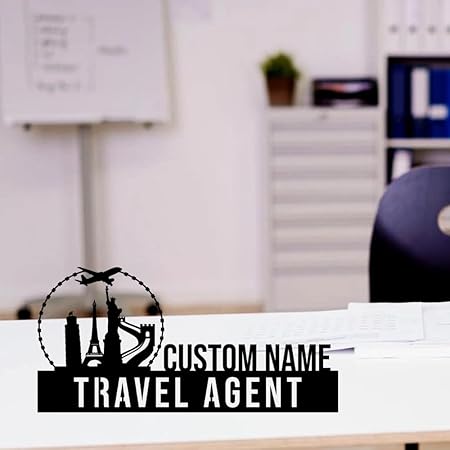 Bazinco Custom Travel Agent Desk Name Plate – Personalized World Travel Skyline Nameplate