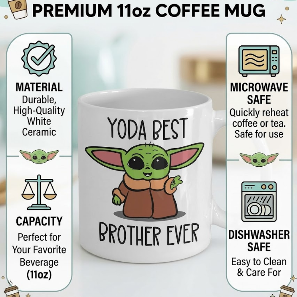 Bazinco Yoda Best Brother Ever Coffee Mug - Funny Star Wars Inspired Baby Yoda Gift for Brother - 11oz Premium White Ceramic Mug